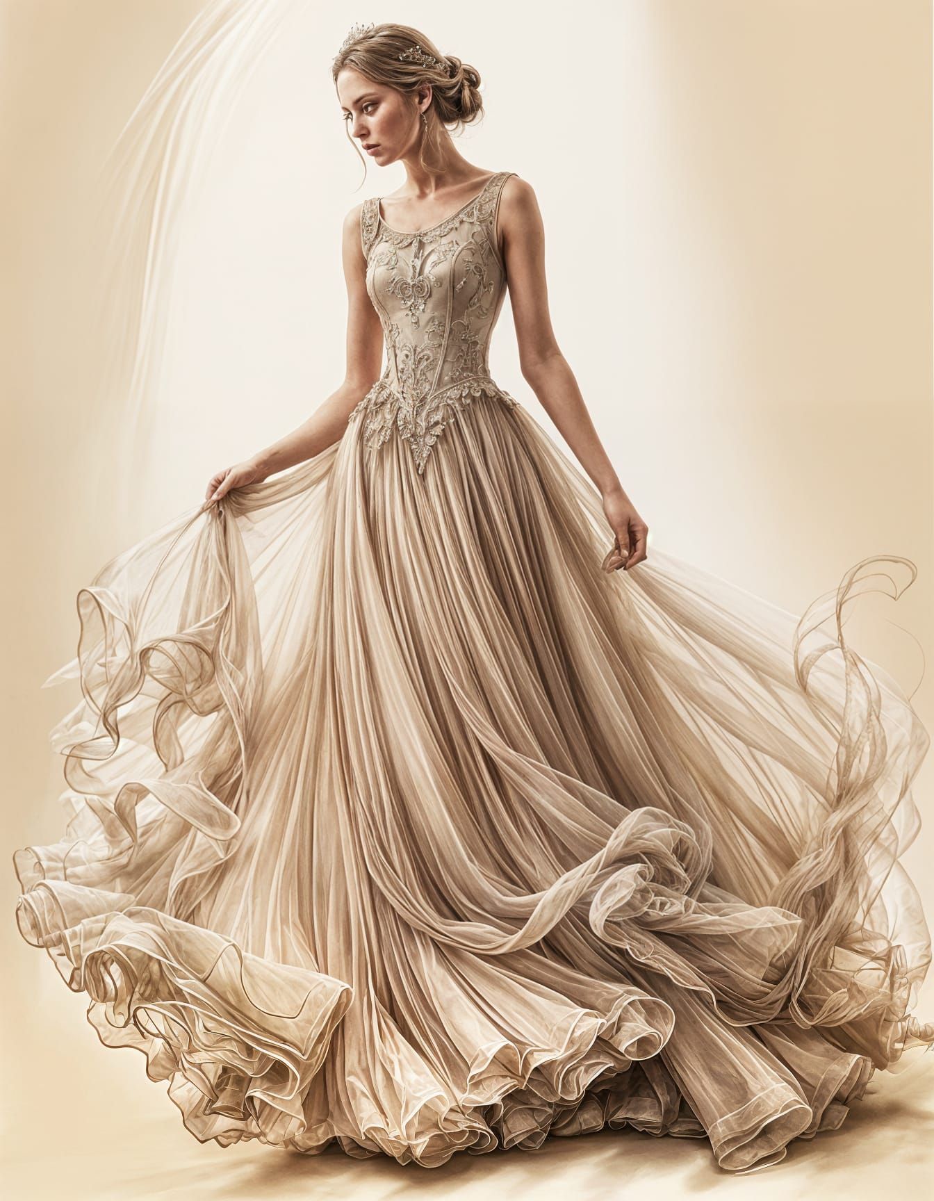 Hyperrealistic Drawing of Woman in Flowing Gown