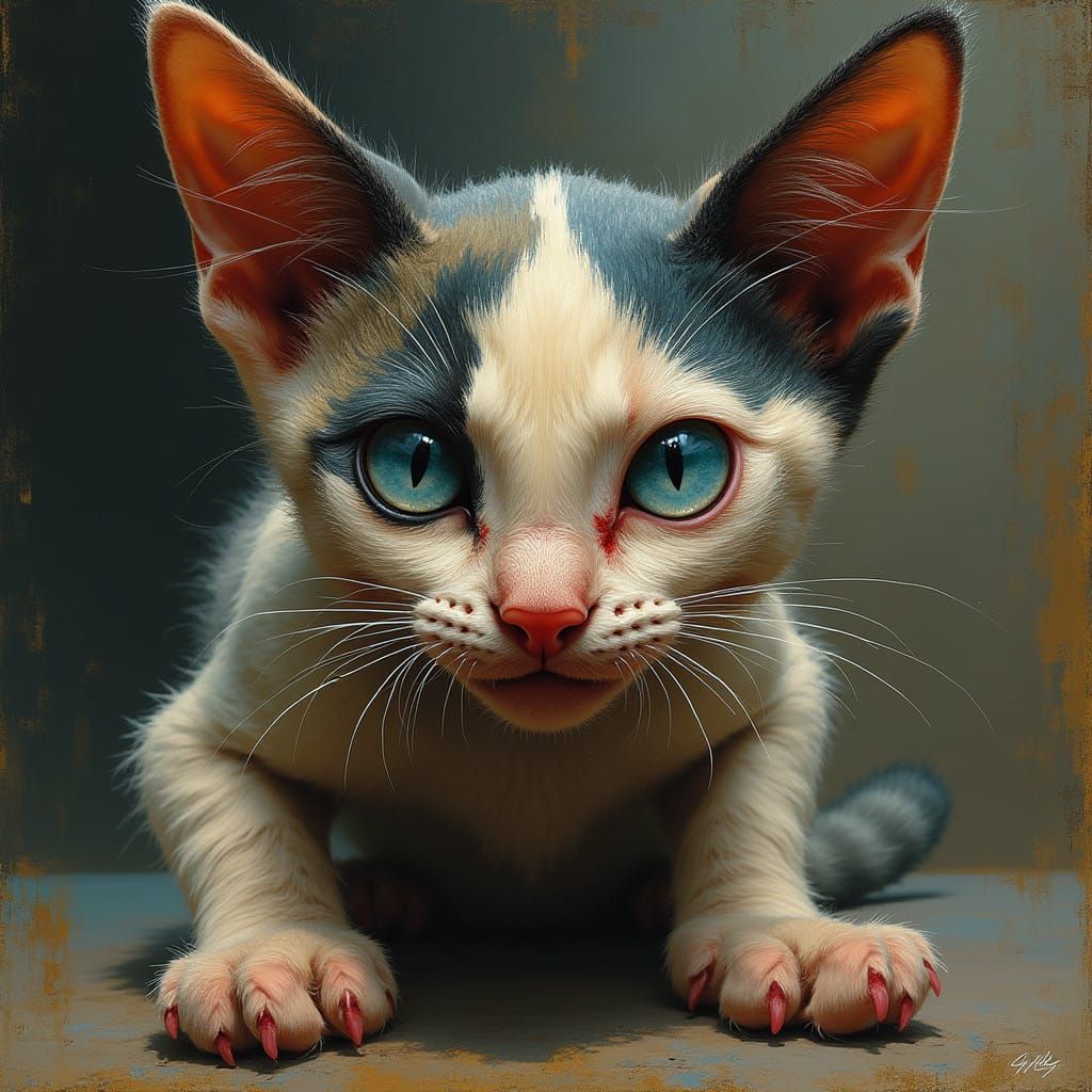 Battle-Scarred Feline Portrait in Vibrant Brushstrokes