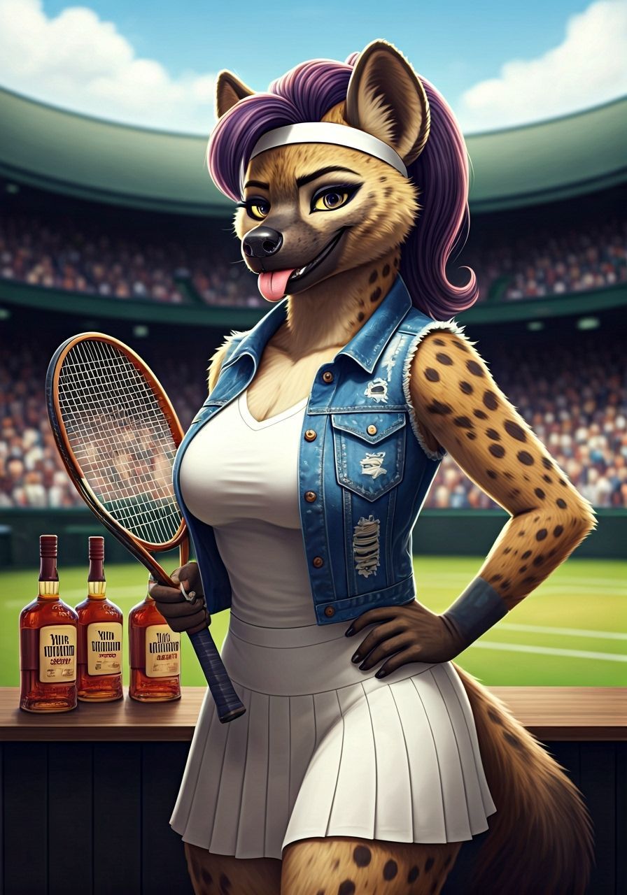 Anthropomorphic Hyena Tennis Player with Whiskey