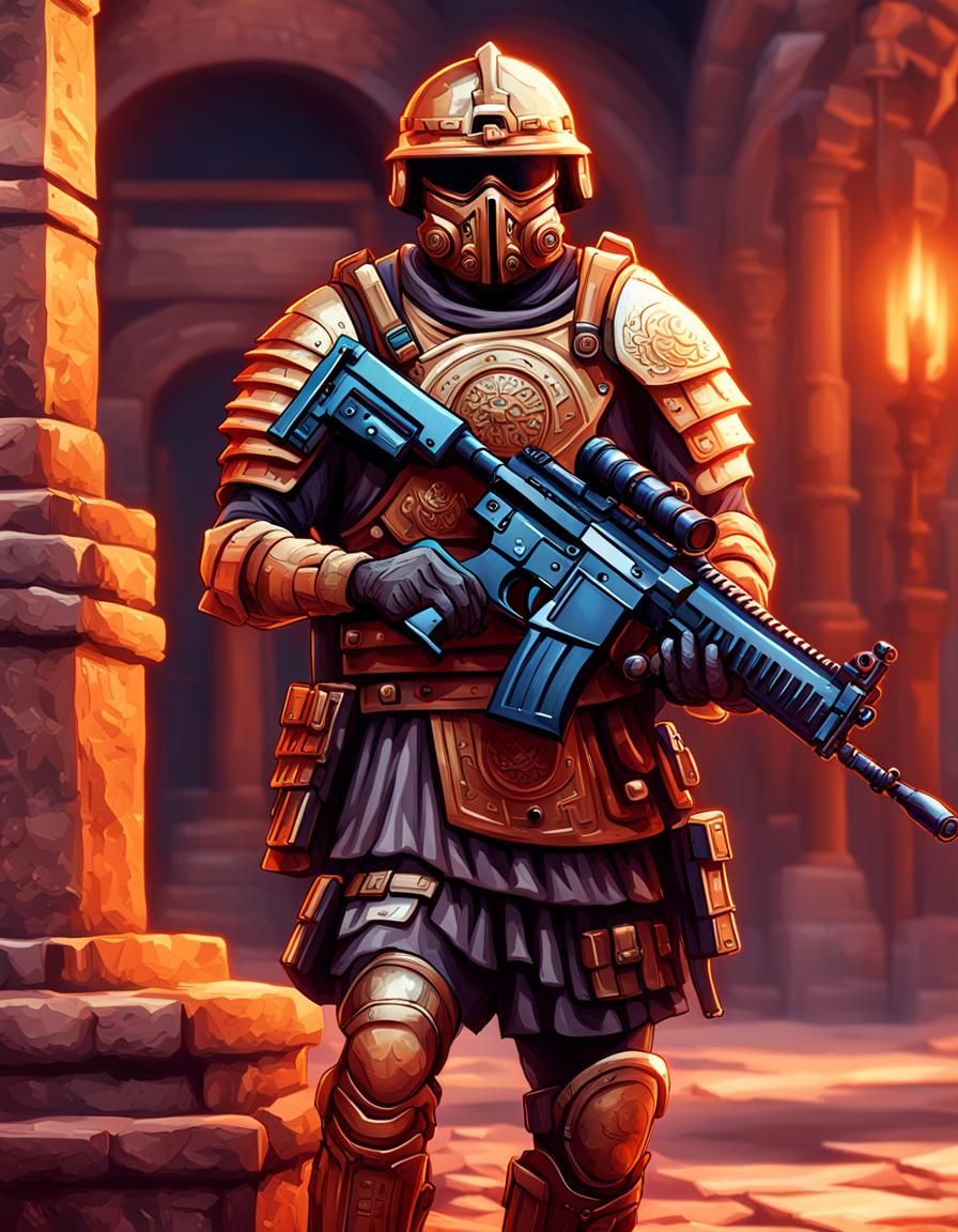 Roman Soldier with Machine Gun: Pixel Art Precisionism