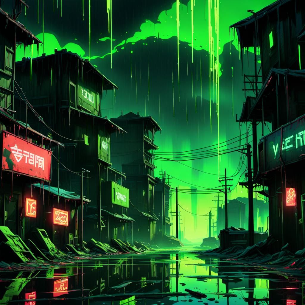 Cyberpunk Anime Town with Acid Rain and Neon Lights