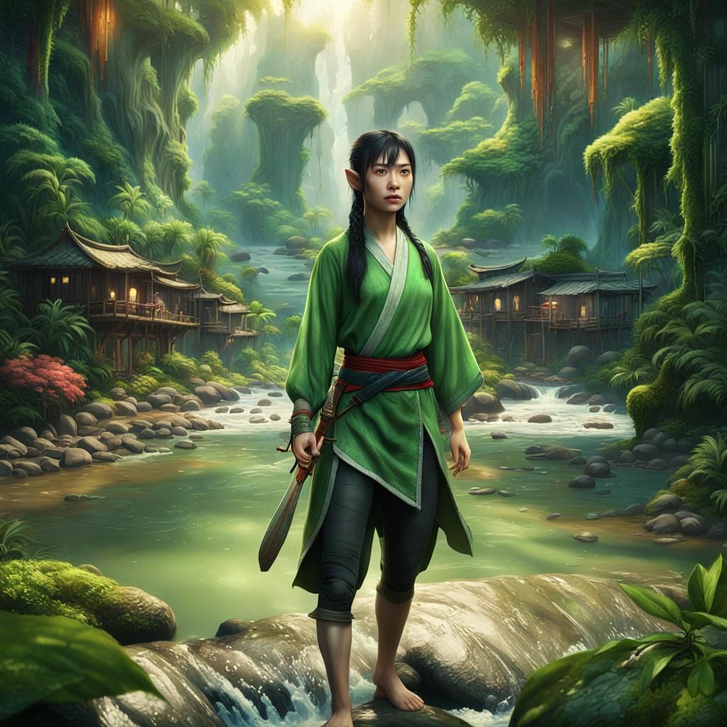 Surrealistic Portrait of a Young Asian Female Elf Martial Ar...