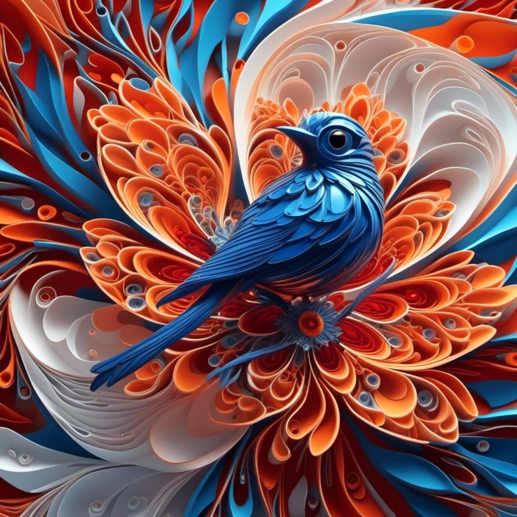 Blue Bird Sings Jazz on Flower, Abstract Fractal