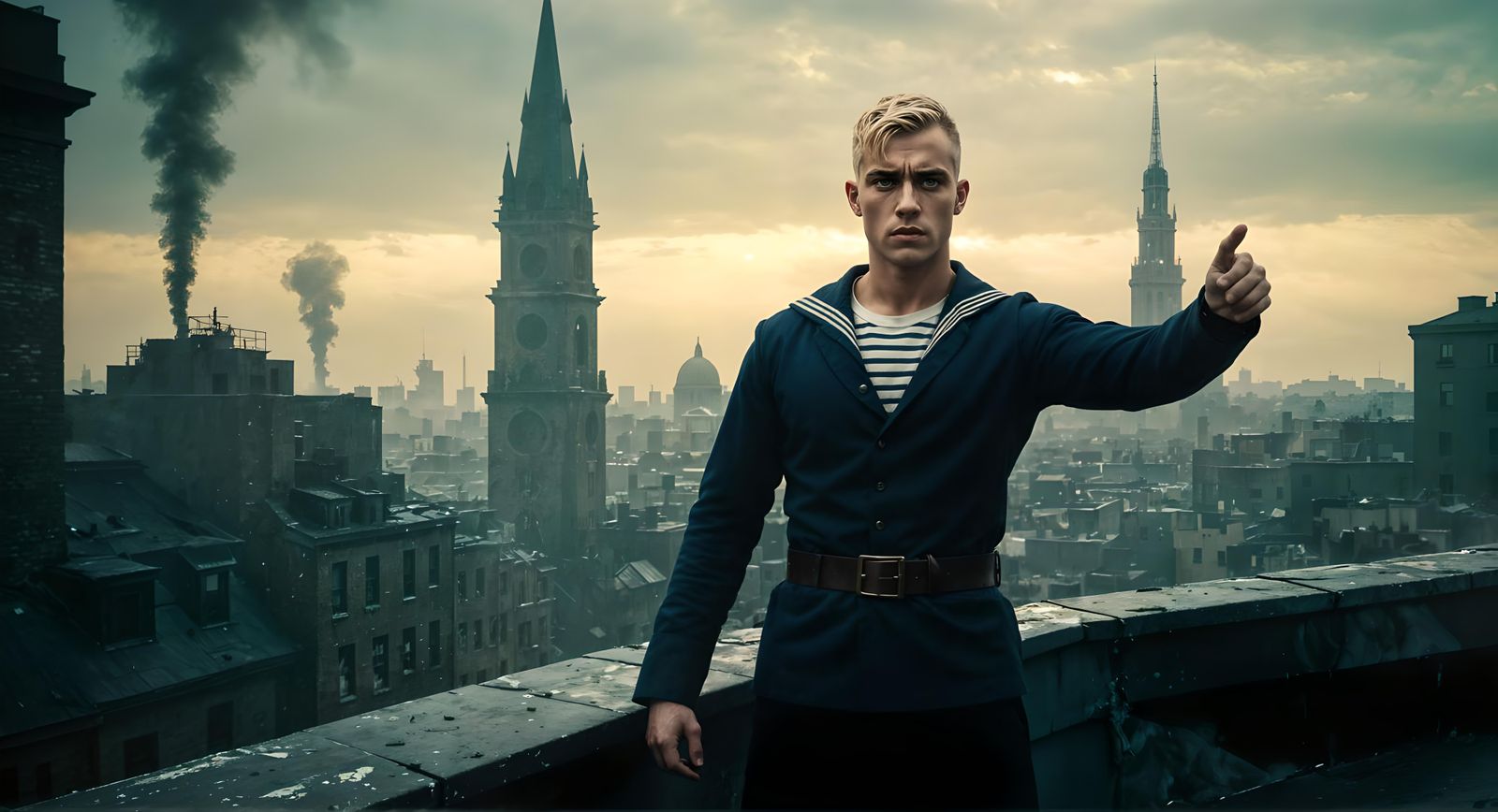 WWI Sailor in Apocalyptic Steampunk Cityscape