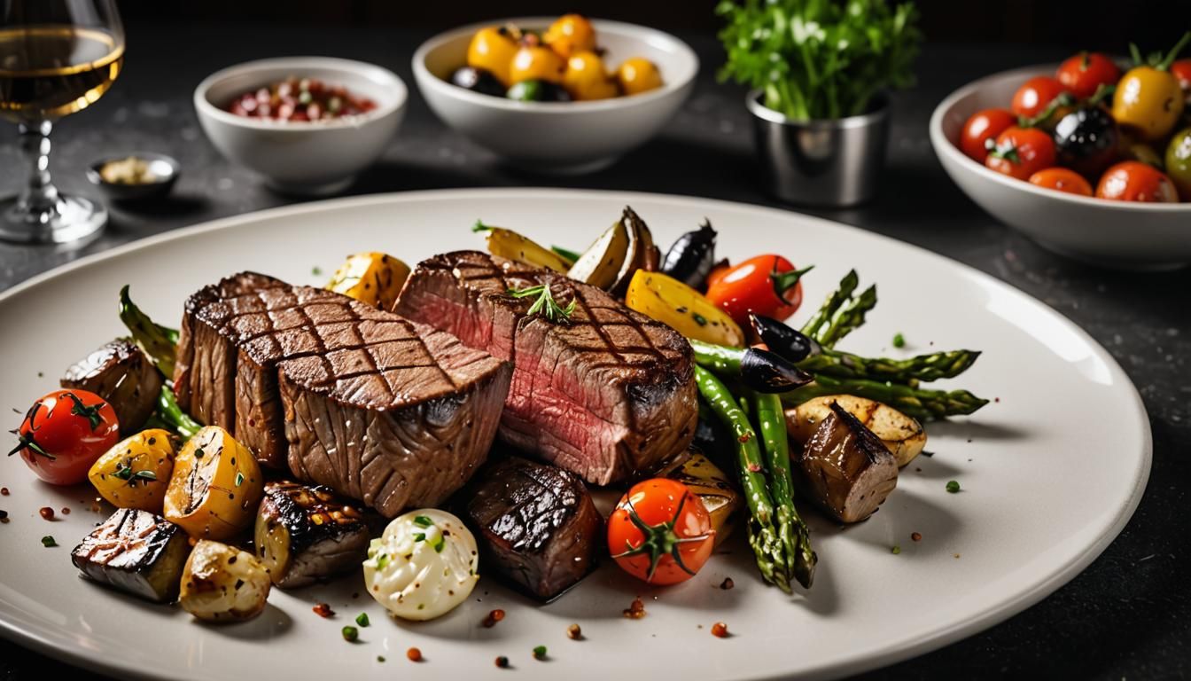 Grilled beef and grilled vegetables.