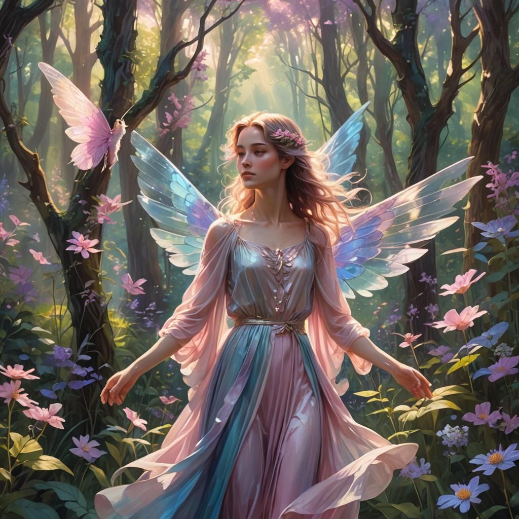 Ethereal Androgynous Figure in Iridescent Forest