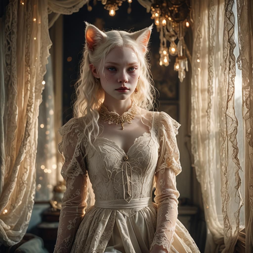Albino Cat-Human Model in Vintage Lace Dress
