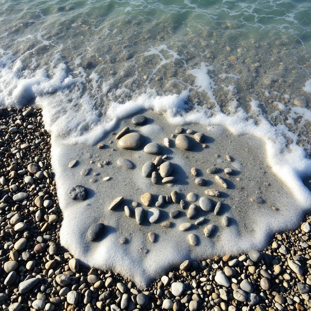 A beach, the sea washing the pebbles into the shape of a face