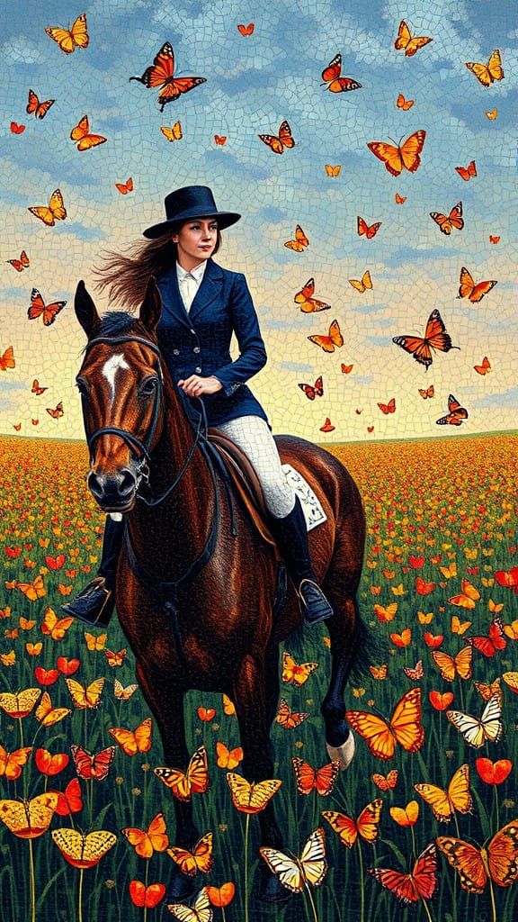 Elegant Lady Rides Amidst Whirling Butterflies in Vibrant Mi...