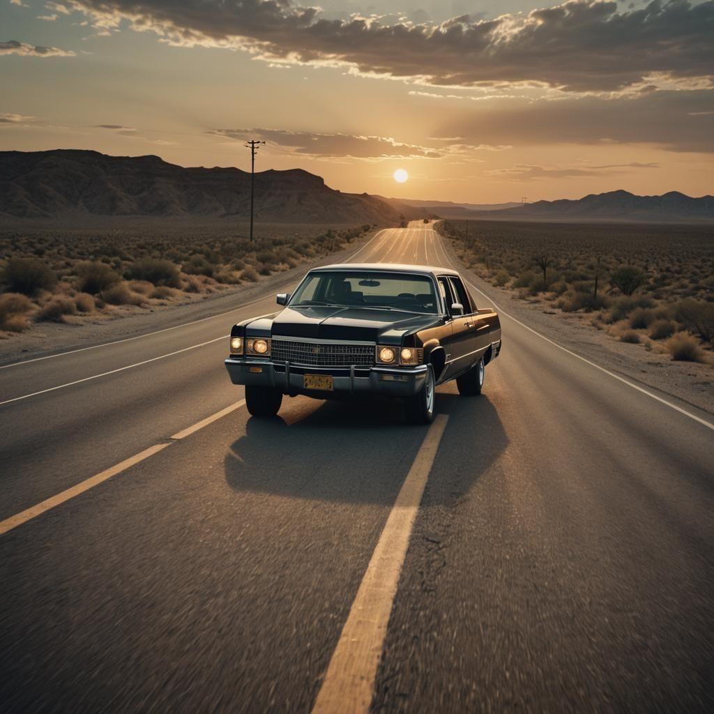 Cadillac Truck on Desert Highway at Sunset