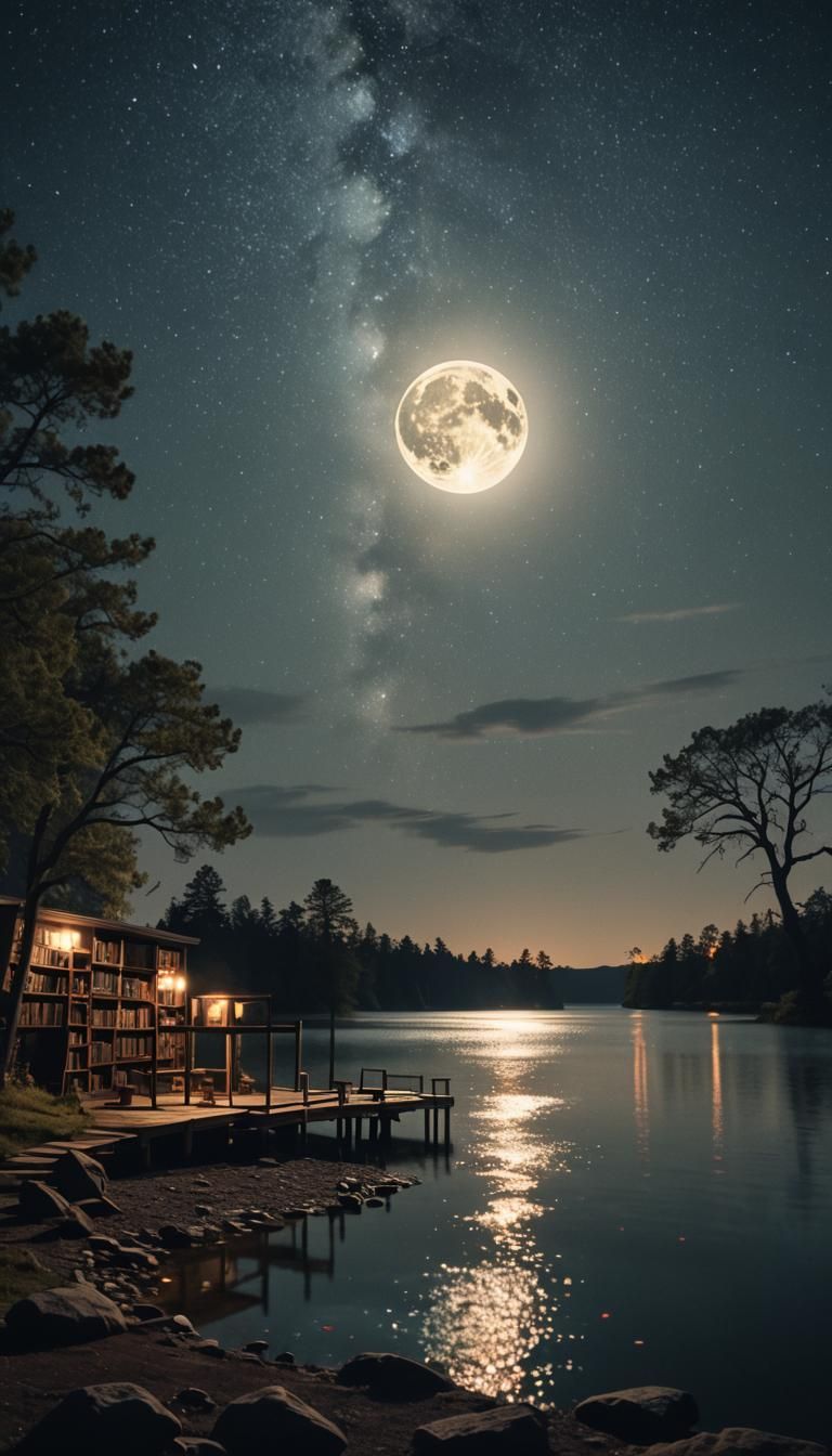 Moonlit Library by Lake Under Night Sky