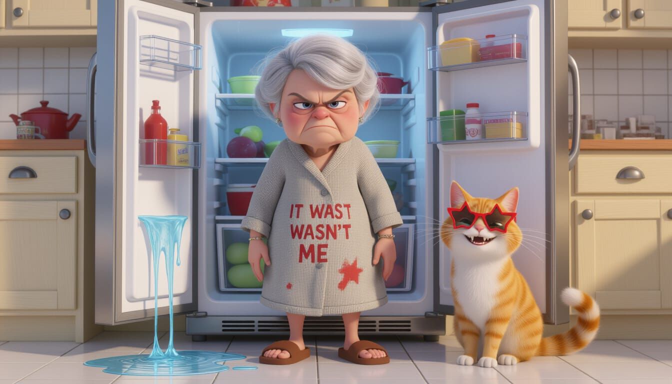 Grumpy Old Woman and Mischievous Cat in Messy Kitchen