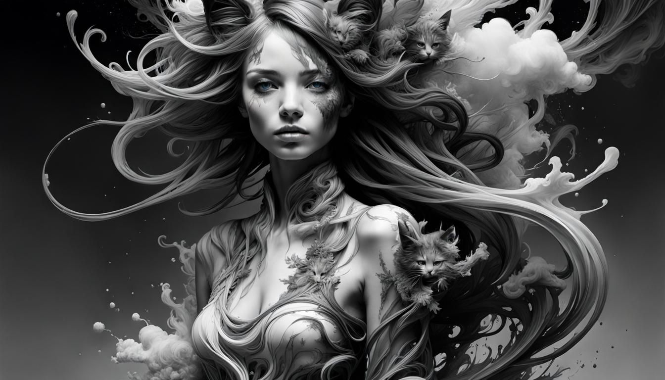 Monochrome Feline Goddess in Vaporous Cloud