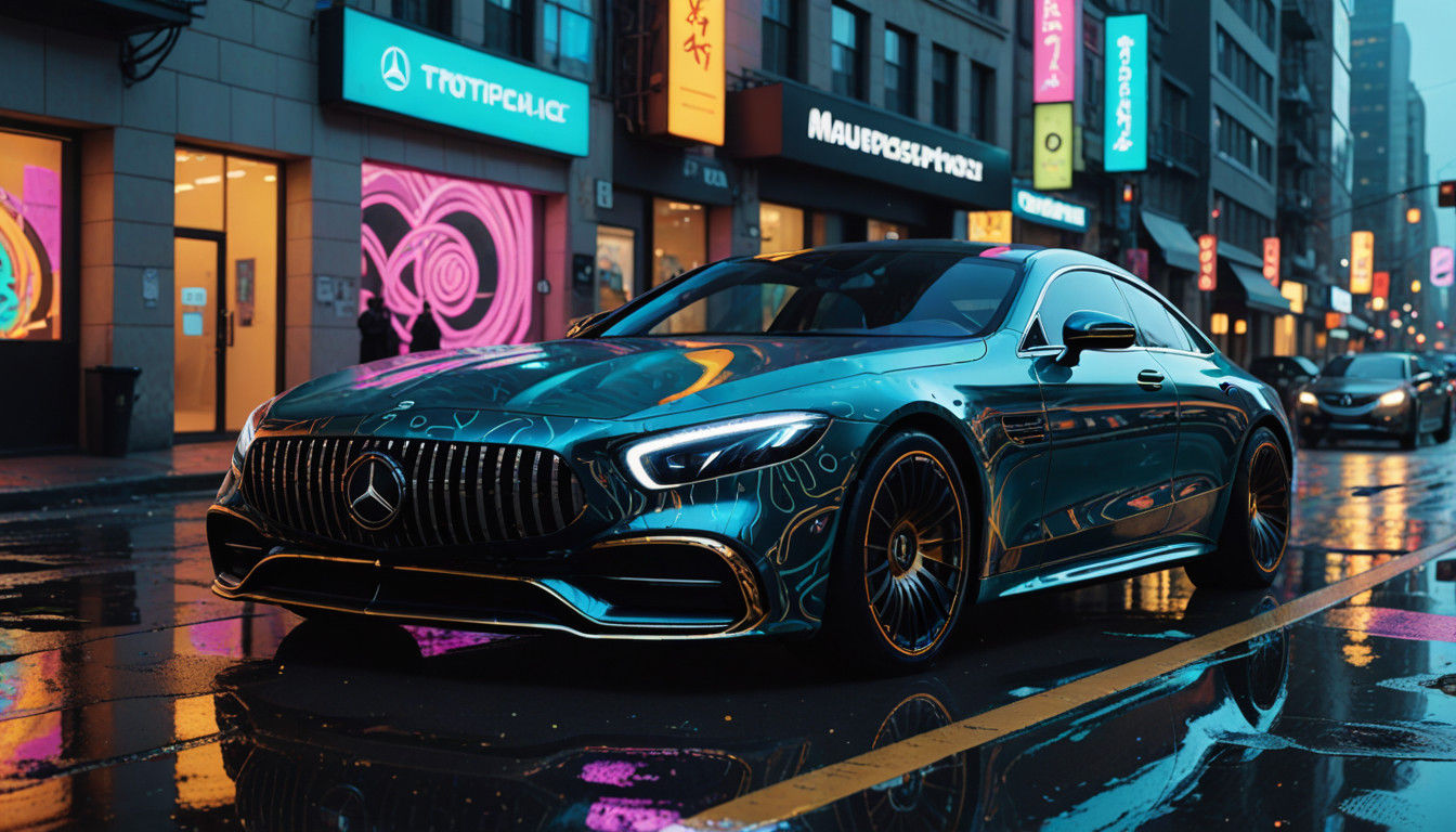Hyper-Modern Mercedes Cityscape: Neon Dreams and Luxury Moti...