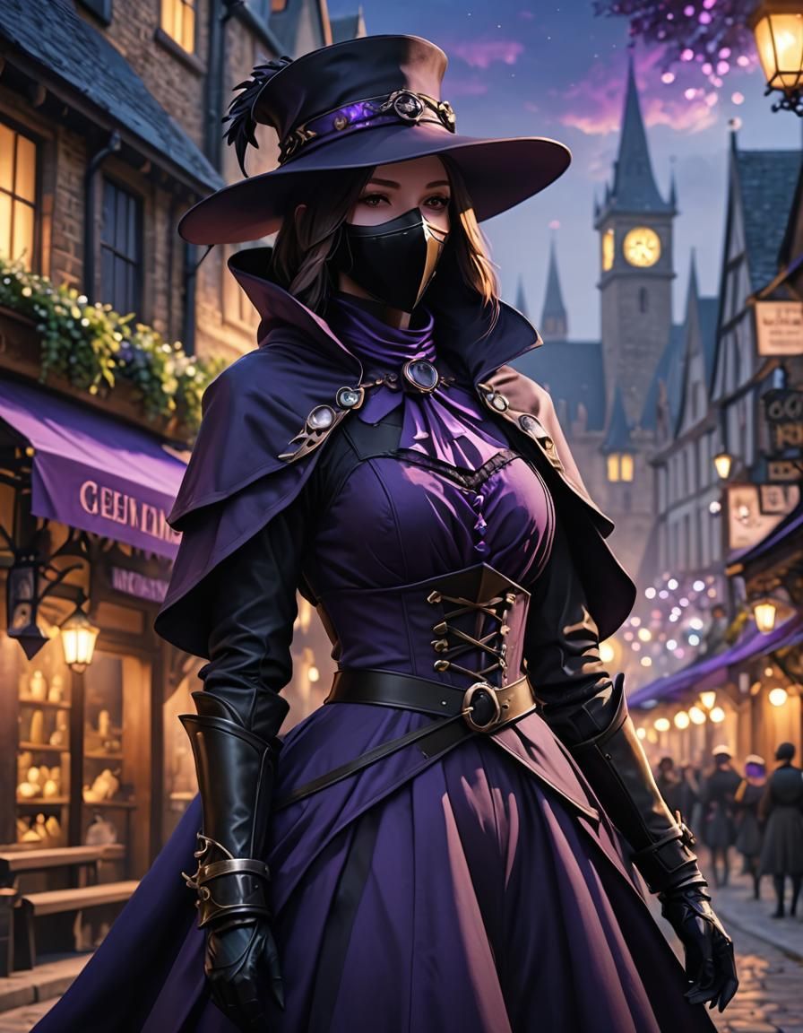 Purple Plague Doctor in Medieval London, 3D Anime Art