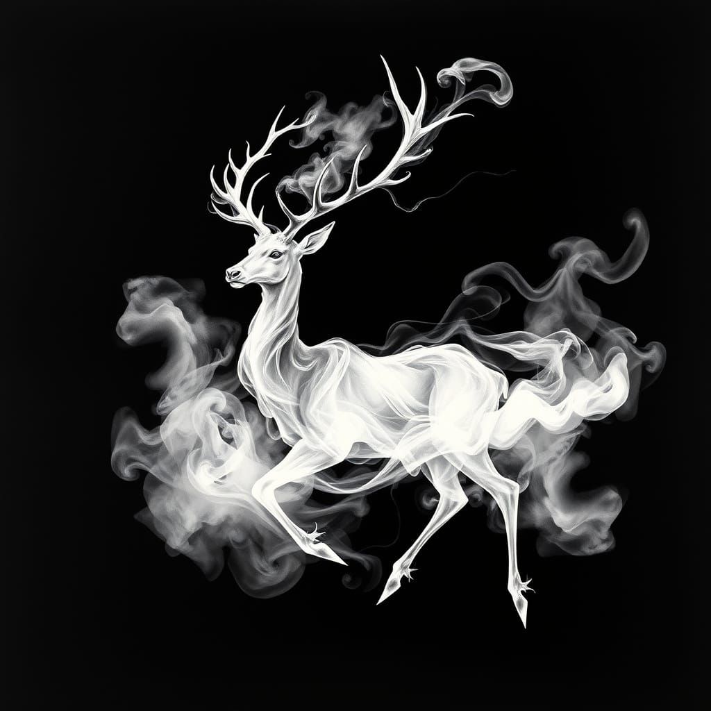 Ethereal Stag Emerges from Smoky Vapors in a Dreamlike Atmos...