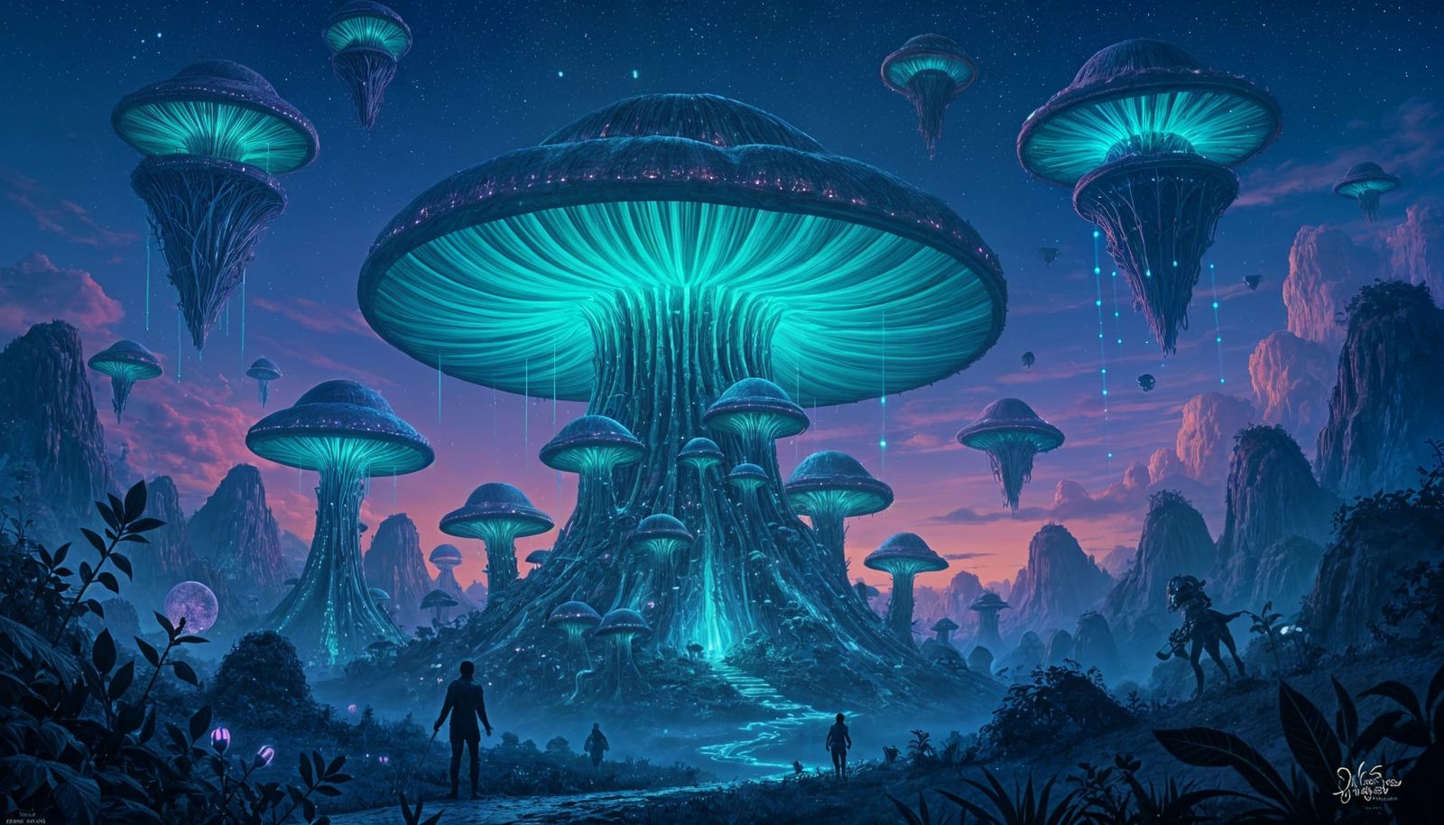 Bioluminescent Mushroom Forest with Alien Flora and Floating...