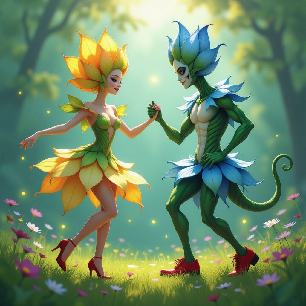 Anthropomorphic Plants Tango on Blooming Meadow