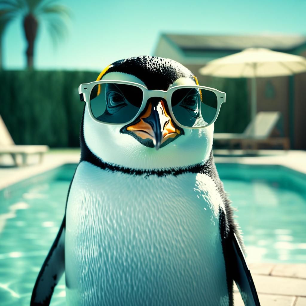Penguin with Sunglasses Relaxing by Sunny Pool