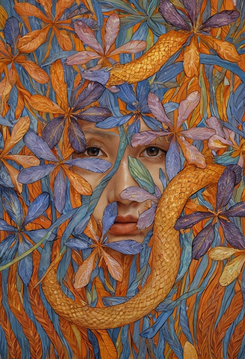 Chinese Woman and Dragon Among Iris Flowers