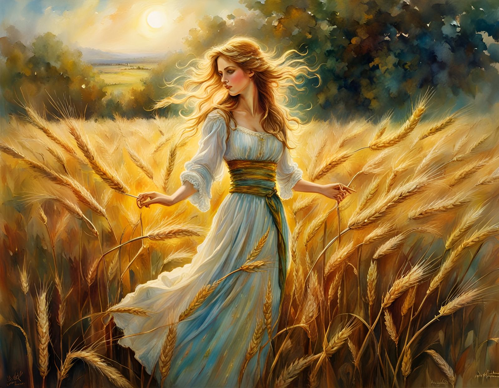 Golden Wheat Field with Woman in Watercolor Style