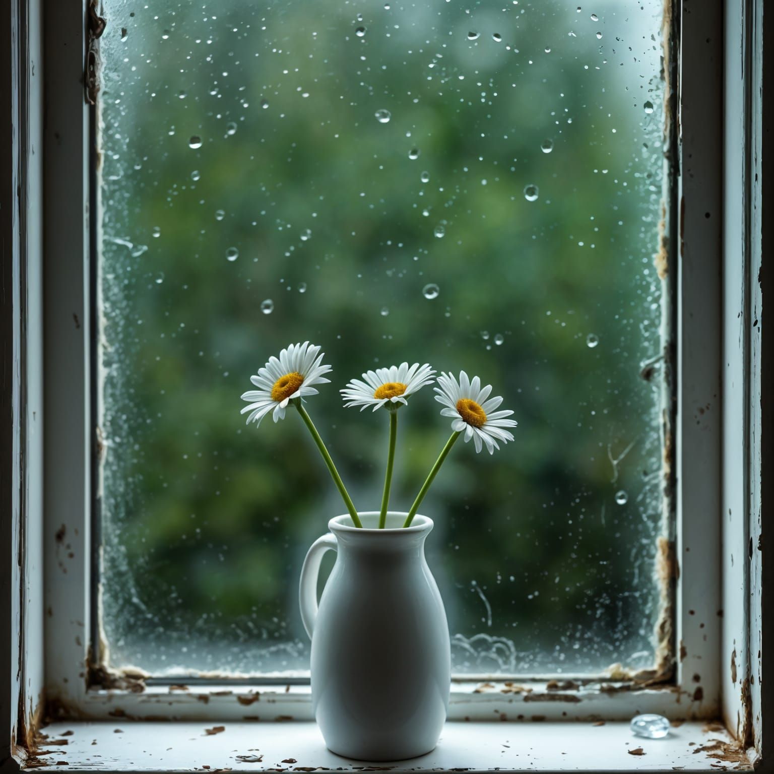 Surreal Still Life with Daisies and Rainy Window