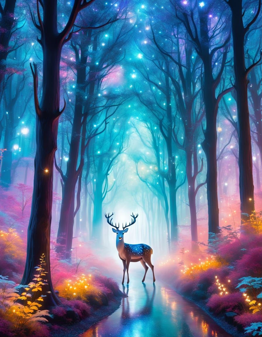 A ghostly deer leading travelers through a foggy, enchanted ...