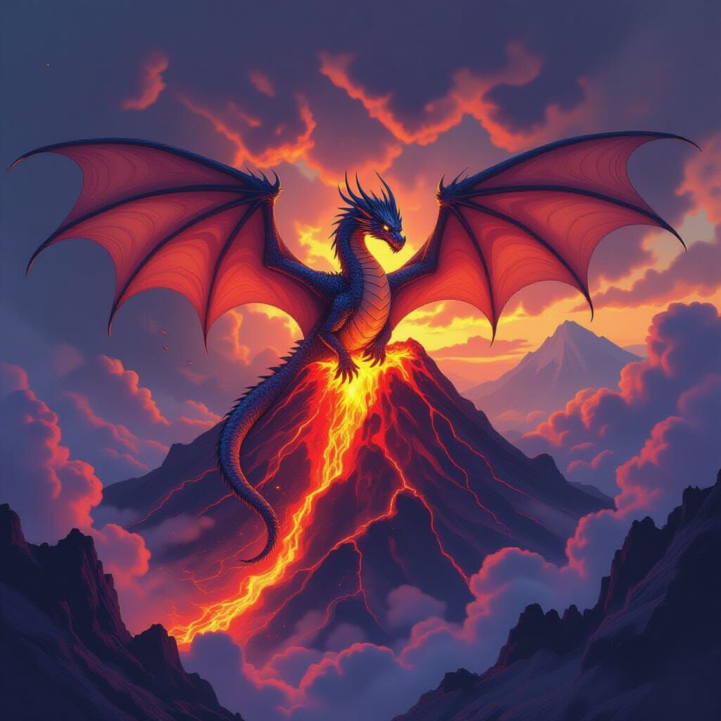 Dragon Emerges from Volcano in Alcohol Ink Style