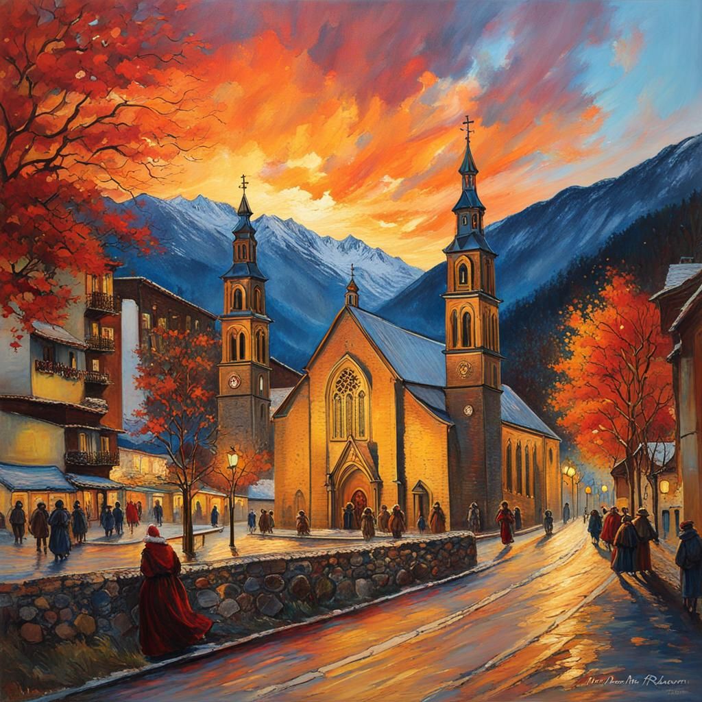 Santa Coloma Church Sunset: Hyperdetailed, Vivid Art