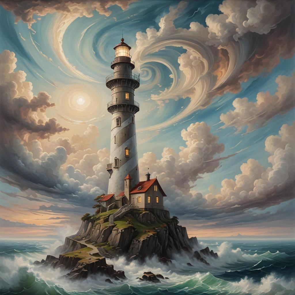 Surreal Lighthouse Over Sea of Clouds: Dreamlike Oil Paintin...