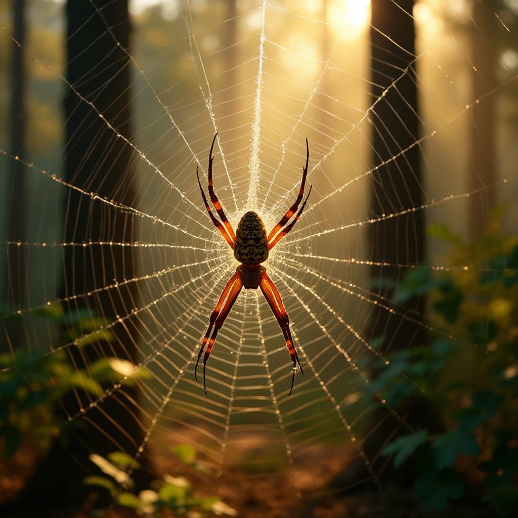 Hyperrealistic Close-up of Golden Orb-Weaver Spider in Morni...