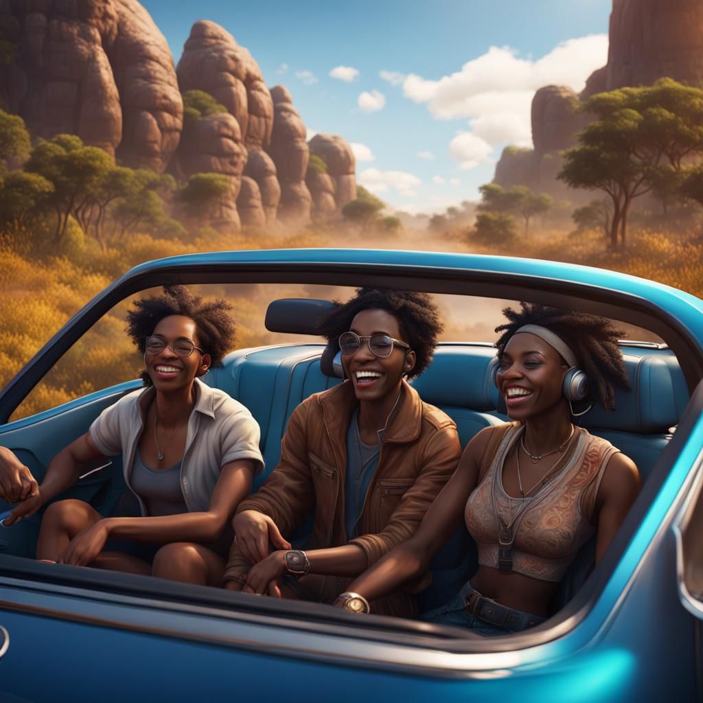 Friends Enjoying Car Ride: Detailed Matte Painting