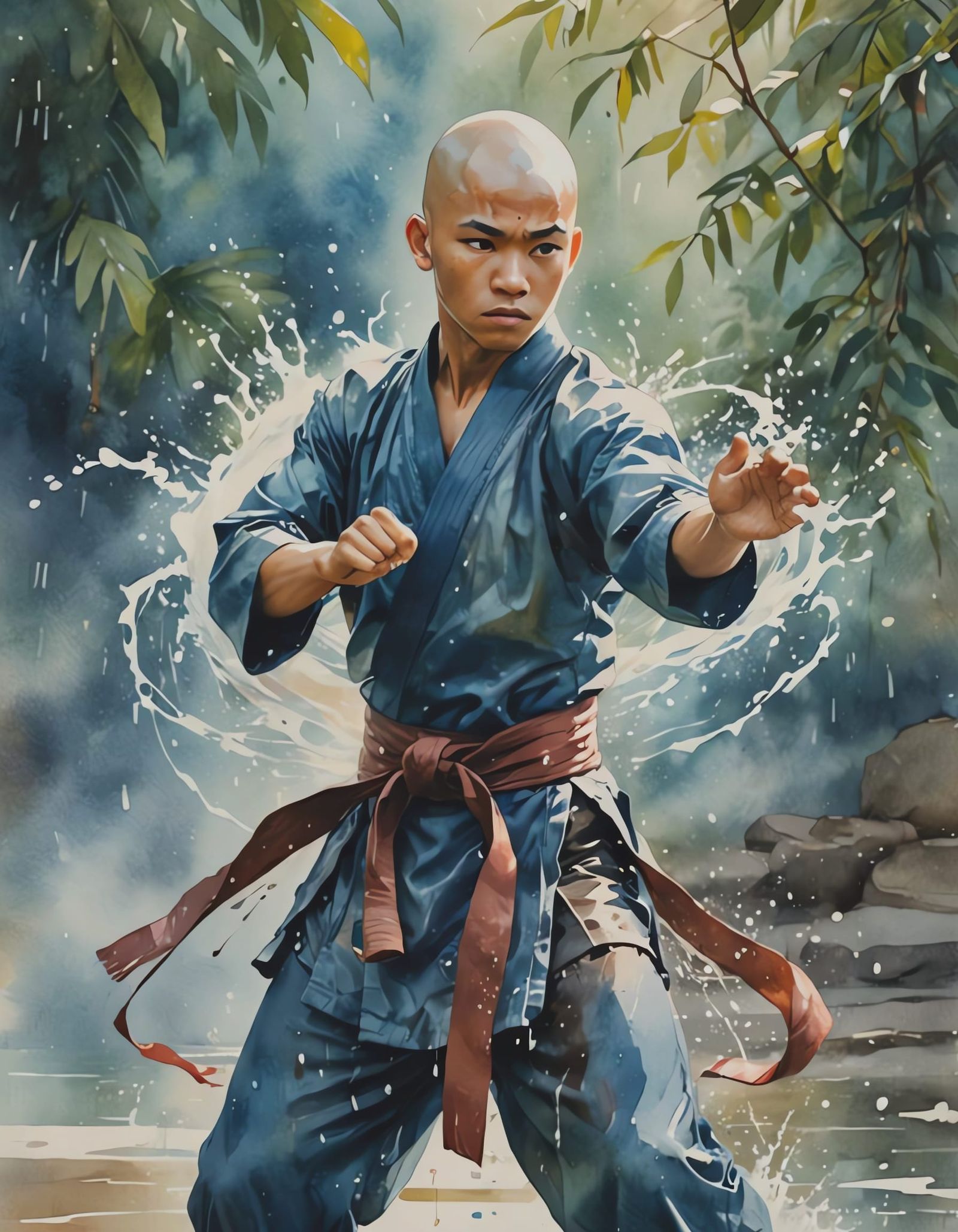 Hydrokineticist Portrait in Watercolor with Bokeh