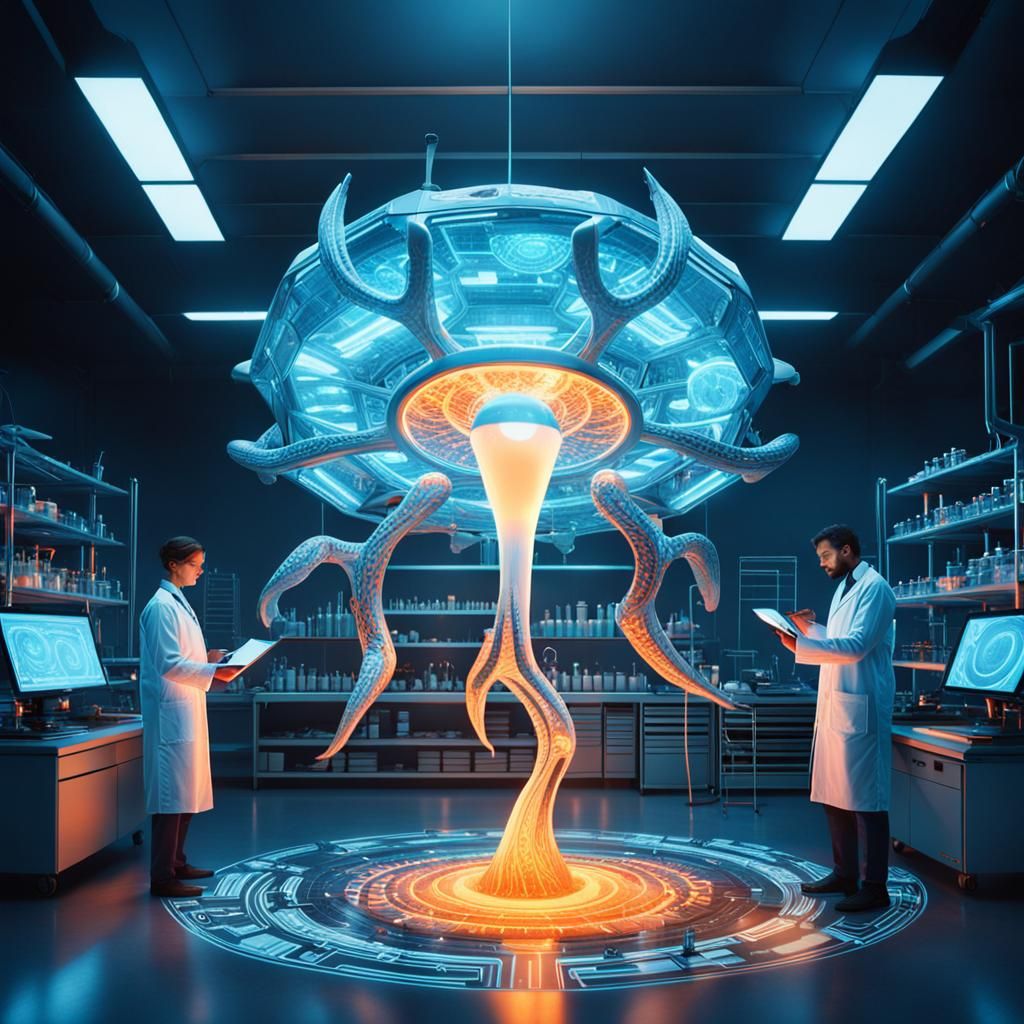 Futuristic Lab: Scientists Study Alien Artifact in Digital A...