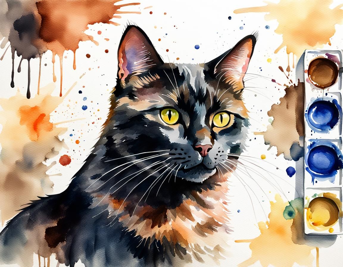 Watercolor Portrait of a Happy Tortoiseshell Cat