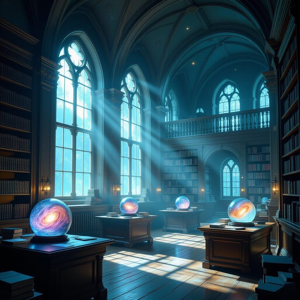 Ancient Library with Luminous Gradients and Nebula Orbs