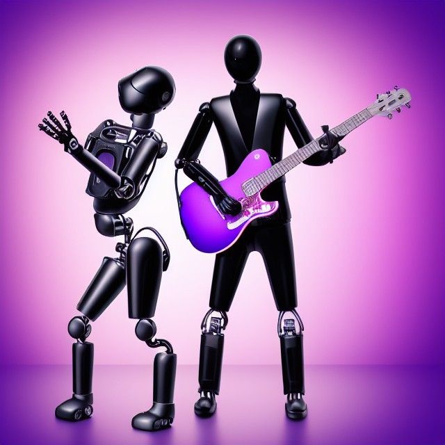 female and male robot music duo one synth and microphone one with guitar photo realistic purple sci fi background