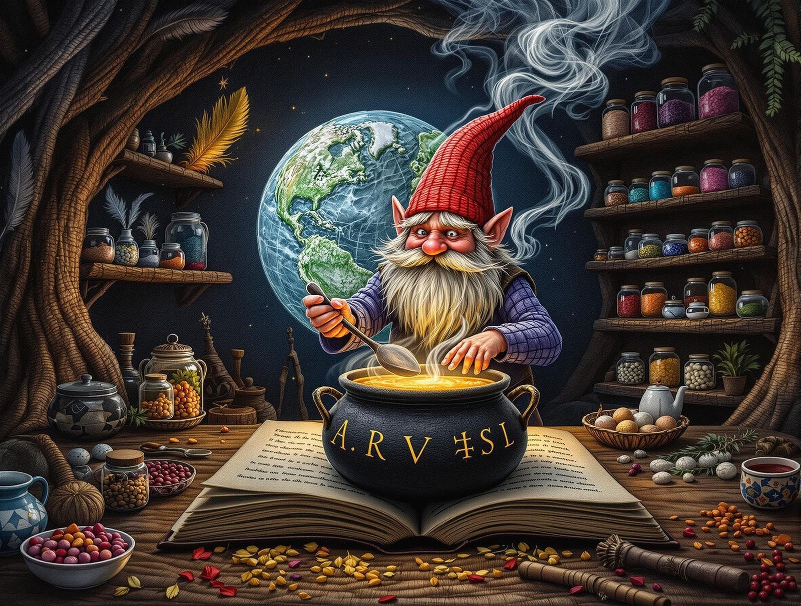 Gnome in Forest Hut with Cauldron Embroidery Art