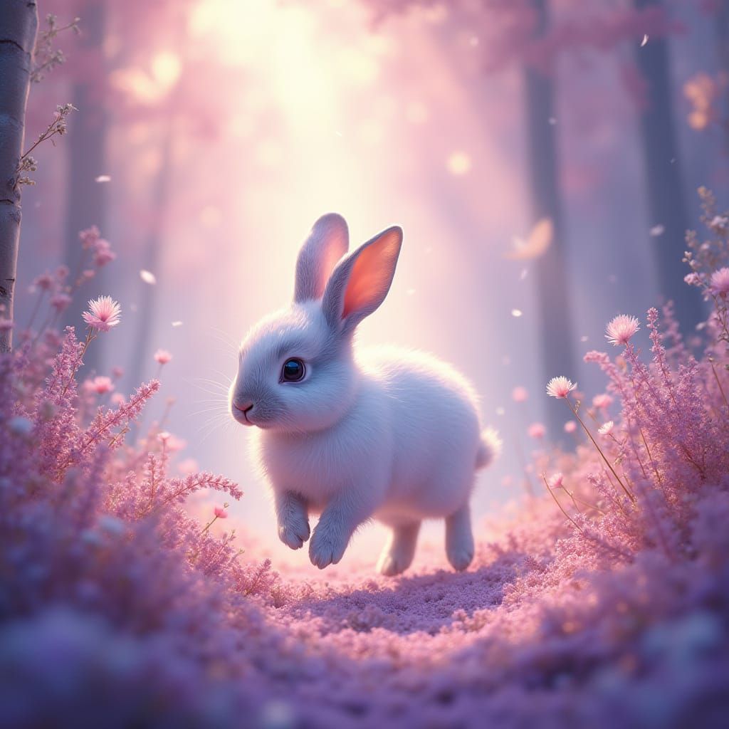 Whimsical White Rabbit in Vibrant Fairy Forest
