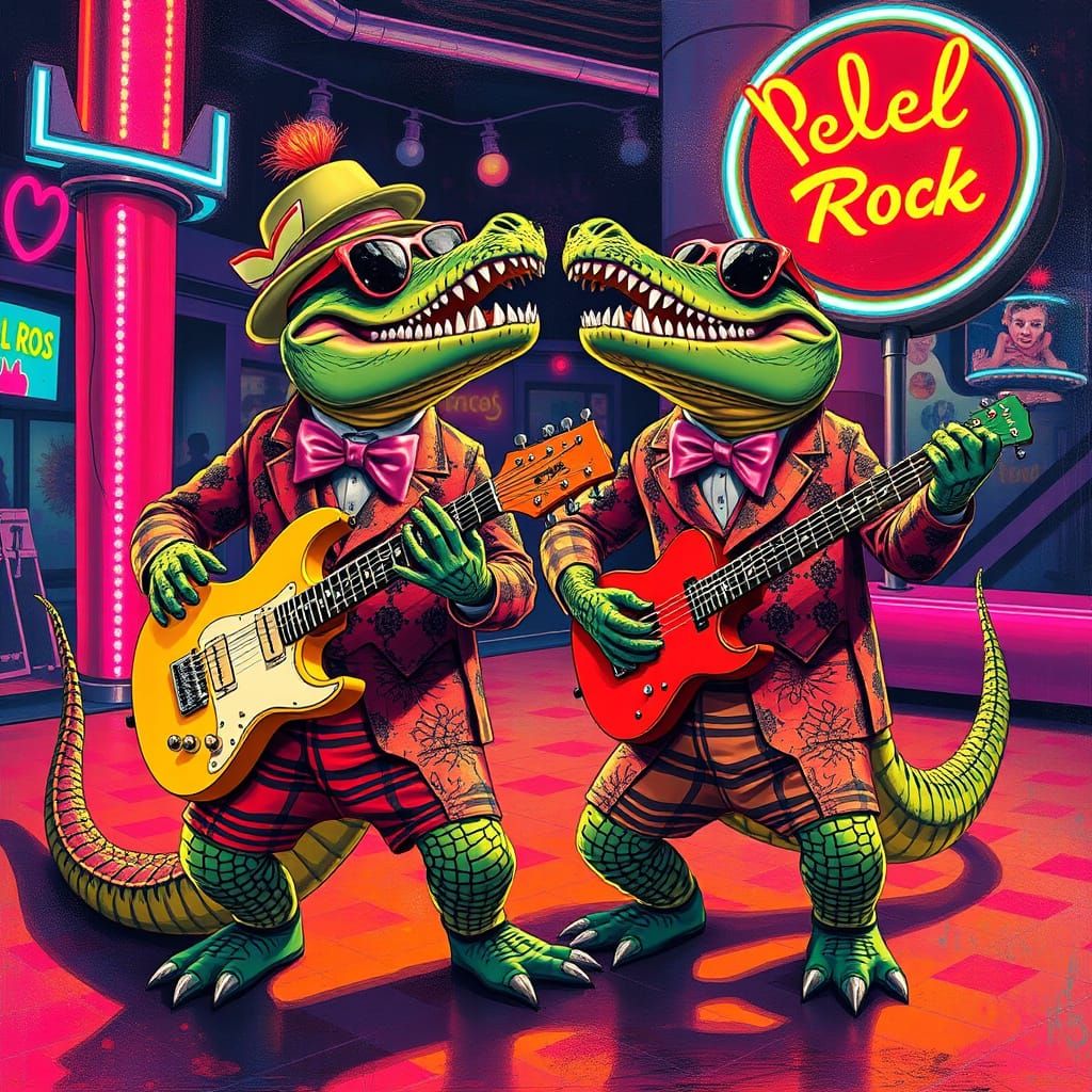 Crocodiles Dancing to Rock and Roll in Pop Art Style