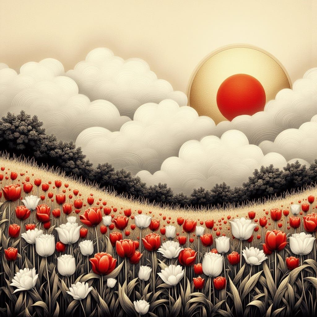 Tulip Meadow: Japanese Calligraphy Engraving