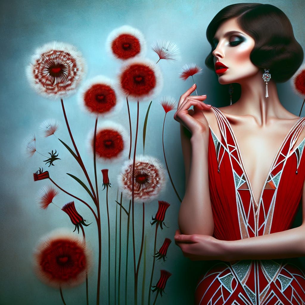 Elegant Woman in Red Dandelion Dress, Art Deco Style