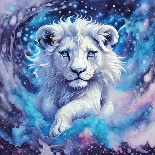 Ethereal Lion in Space Watercolor Art
