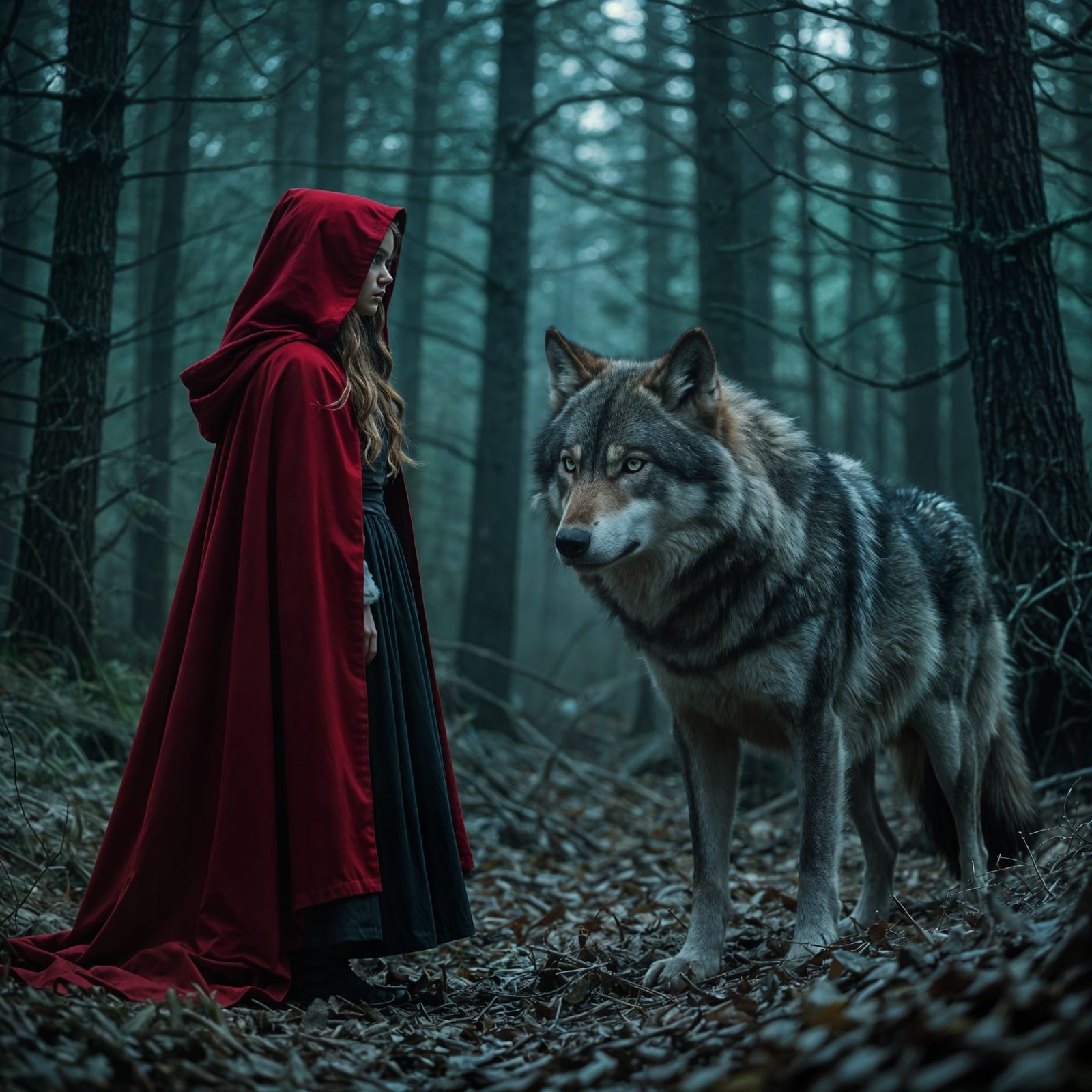 Little Red Riding Hood Meets Menacing Wolf in Dark Forest