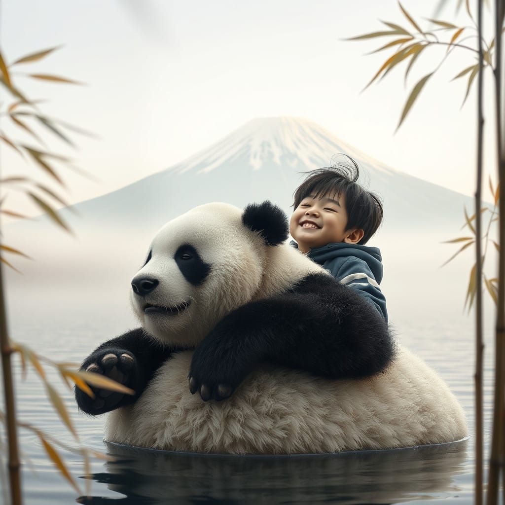 Joyful Korean Boy Surrounded by Serenity in a Dreamlike Land...