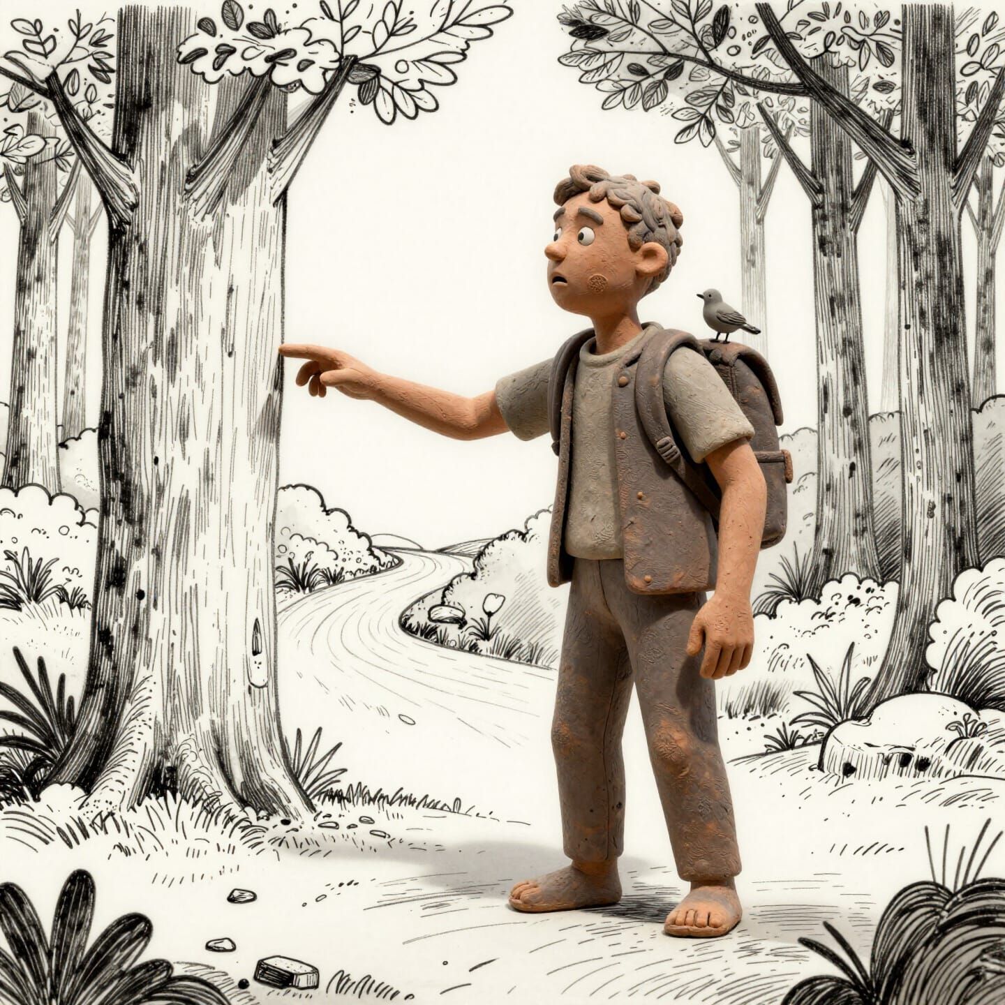 3D Character in Hand-Drawn Ink Forest