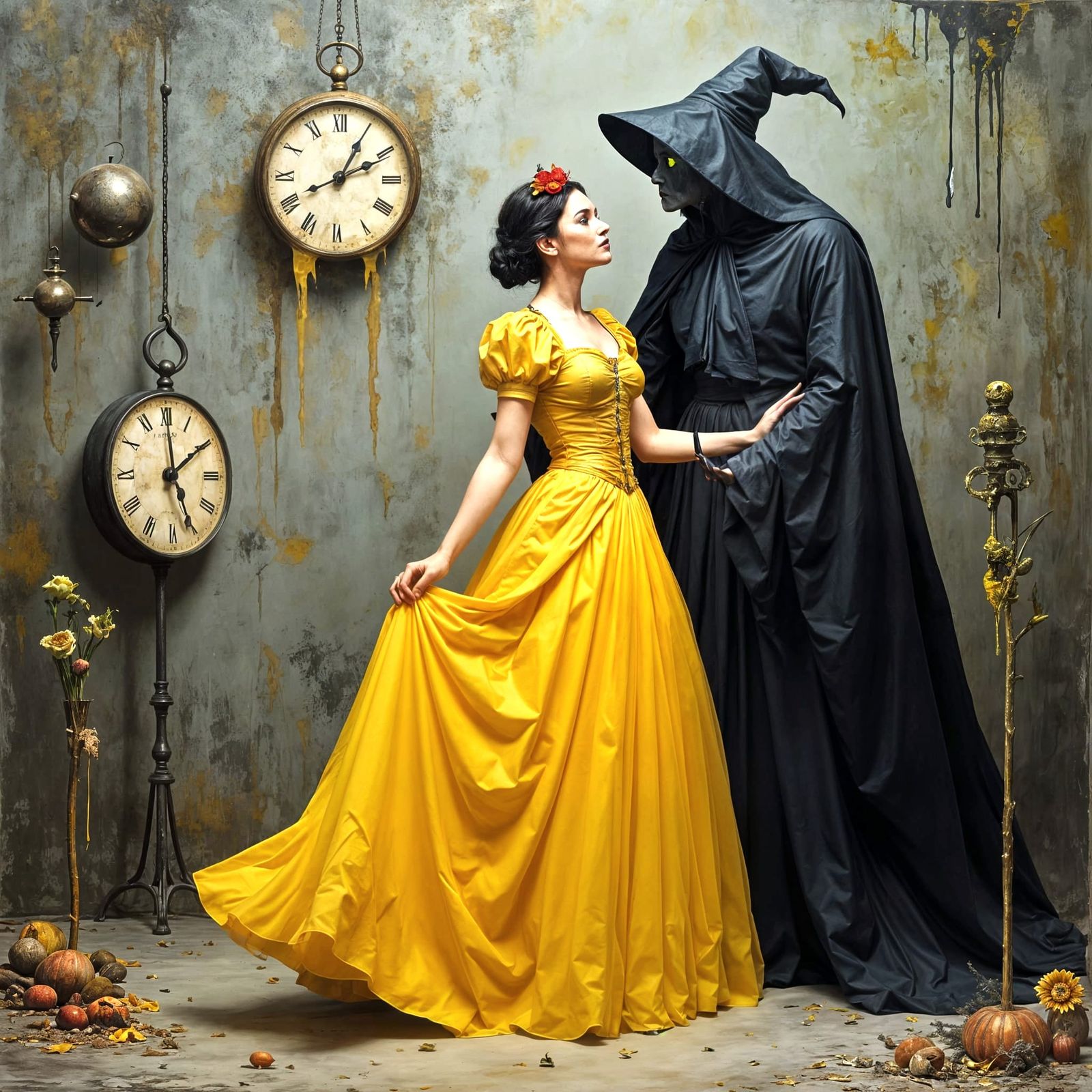 Surrealist Fairy Tale Encounter in Yellow and Grey