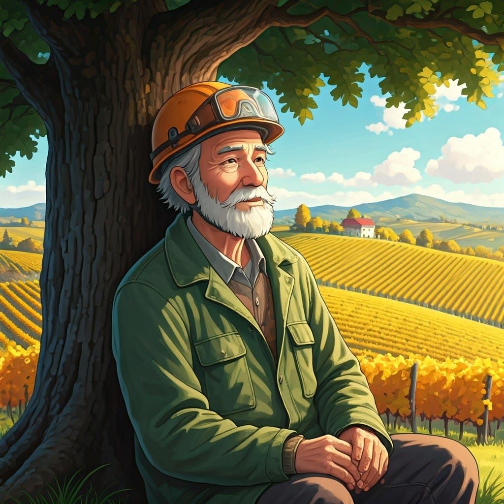 Grizzled Geologist in Ghibli-Inspired Vineyard Scene