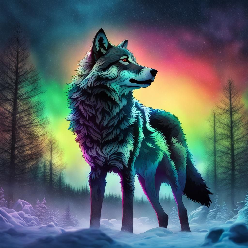 Double Exposure Wolf in Frozen Forest, Northern Lights