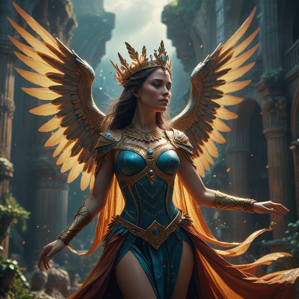 Goddess Dancing Free with Wing Crown in Epic Cinematic Style